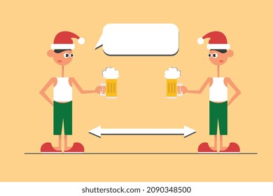 Cartoon characters of Santa's helpers on a yellow background, arrow for social distance, New Year's illustration in vector size.