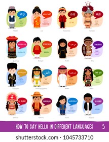 Cartoon characters saying hello in different languages: Nepali, Lao, Taiwanese, Samoan, Quechua, Bengali, Arabic, Zulu, Georgian, Egyptian, Maori, Tahitian, Aymara, Tamil, Swahili. svg