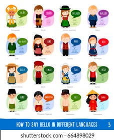 Cartoon characters saying hello in different languages: Portuguese, Polish, German, Dutch, Irish, Icelandic, Finnish, Norwegian, Welsh, Swedish, Danish, Malay, Indonesian, Vietnamese, Tagalog.