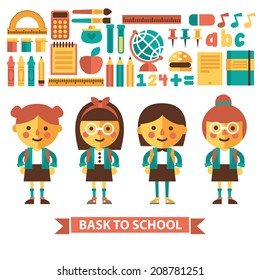 Cartoon characters, schoolgirls and school equipment set of vector illustrations in flat style. Back to school, set of stylish illustrations.