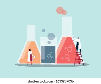 Cartoon characters of scientist conduct an experiment with chemicals in laboratory. Science and research concept. Flat vetor illustration.