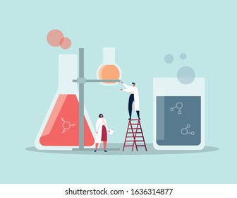 Cartoon characters of scientist conduct an experiment with chemicals in laboratory. Science and research concept. Flat vetor illustration.