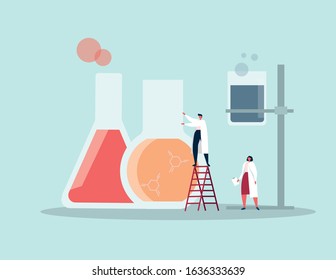 Cartoon characters of scientist conduct an experiment with chemicals in laboratory. Science and research concept. Flat vetor illustration.