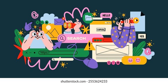 Cartoon characters with search bar and digital icons in memphis style. People with binoculars are looking for information. Surfing the Internet, website, online company. Search panel in the browser. 