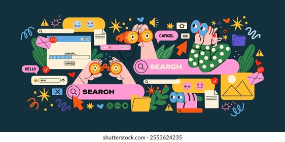 Cartoon characters with search bar and digital icons in memphis style. People with binoculars are looking for information. Surfing the Internet, website, online company. Search panel in the browser. 