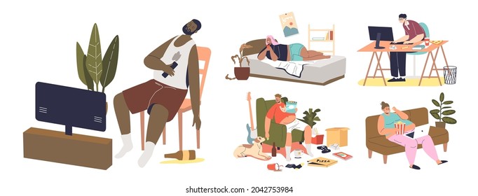 Cartoon characters with sedentary lifestyle and bad habits lazy sleep at tv, eat fastfood, addicted with social media, inactive suffer form office syndrome. Flat vector illustration