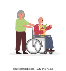 Cartoon characters of senior man in wheelchair and his wife. Seniors spending time together indoors. Concept of family and support. Rehabilitation for elderly people. Vector