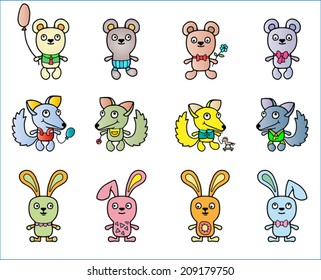 Cartoon characters set, doodle animals collection, teddy bear, bunny and fox, vector illustration isolated on white