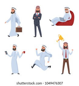 Cartoon characters set. Illustrations of arabic businessmen. Vector arab saudi businessman, character muslim arabia standing with cup