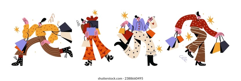 Cartoon characters shopping in retro 90s style. People are running with shopping bags. Discounts, sale, black Friday. Online shopping doodle women hand drawn