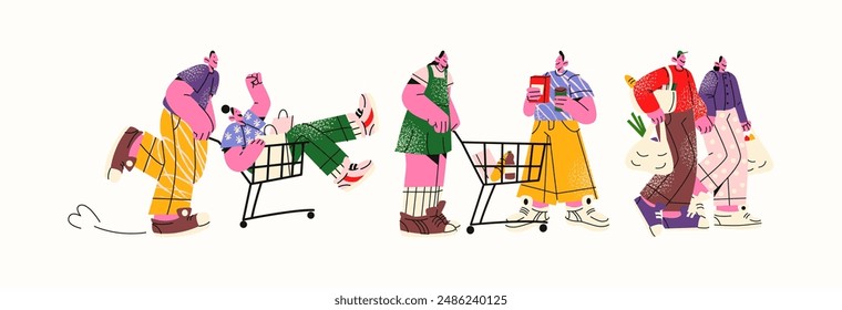 Personajes de dibujos animados comprando en un supermercado. Gente mascota caminando por la tienda con un Carrito de la tienda de comestibles, ilustración de garabato de Vector en estilo de moda