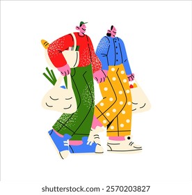 Cartoon characters shopping in supermarket. People walking with grocery bag from store or market. Vector illustration in trendy groovy style