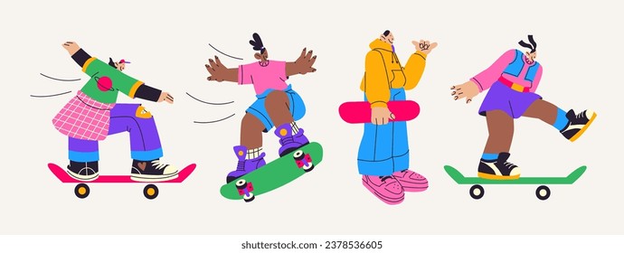 Cartoon characters skaters girls athletes. Active types of modern street sports, teenagers ride skateboards and do tricks