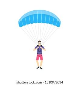 Cartoon Characters Skydiving or Parachuting Man on a White Extreme Sport Concept Element Flat Design Style. Vector illustration