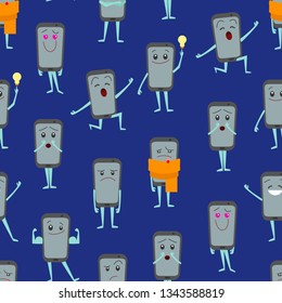 Cartoon Characters Smartphones Seamless Pattern Background Mobile Phone Communication Technology Faces Concept Element Flat Design Style. Vector illustration of Smartphone