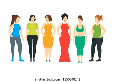 Cartoon Characters Smiling Plus Size Woman Set Beautiful, Happy and Fashion Girls Concept Element Flat Design Style. Vector illustration