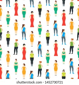 Cartoon Characters Smiling Plus Size Woman Seamless Pattern Background on a White Beautiful, Happy and Fashion Girls Concept Element Flat Design Style. Vector illustration