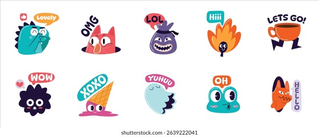 Cartoon Characters with Speech Bubbles and Expressive Messages