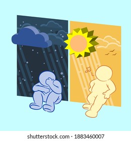 cartoon characters stand and sit nearby different moods and emotion with weather graphic, comic faceless with opposite gesture and emotional artwork board design