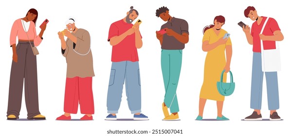 Cartoon Characters Standing And Looking At Their Phones, Capturing A Modern Technological Theme. Diverse People Emphasizing Social Media And Connectivity In Everyday Life. Vector Illustration