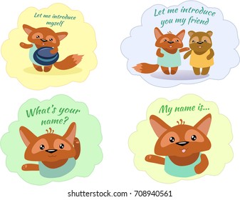 CARTOON, CHARACTERS.Set stickers Communication Farewell. Stickers on color clouds with text. Good-bye, and thanks for everything. I'm so glad to have met you. See you later.  Have a good journey!