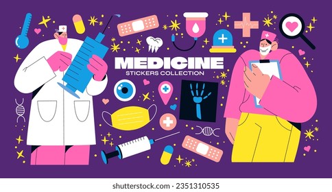 Cartoon characters and stickers medicine. Medical nurses ambulance workers. Retro hospital and ambulance elements