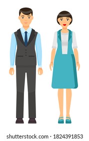 Cartoon characters, stylish businesspeople wearing office suits. Businessman in vest, blue shirt, tie, trousers. Businesswoman wear turquoise vest and skirt with white blouse. Office dresscode concept