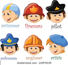 Cartoon characters swimmer, fireman,pilot, engineer,policeman,artist