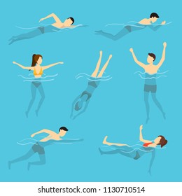 Cartoon Characters Swimming and Diving People Set Concept Element Flat Design Style. Vector illustration of Sport Summer Vacation