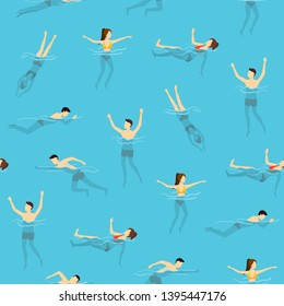 Cartoon Characters Swimming and Diving People Seamless Pattern Background Concept Element Flat Design Style. Vector illustration of Sport Summer Vacation