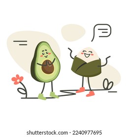 Personajes de caricatura hablando. La onigiri japonesa roda con aguacate. La comida asiática. Ilustración vectorial dibujada con doodle para platos, menú, afiche, volante, banner, entrega, concepto de cocina 