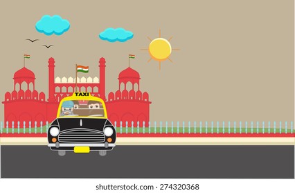 Cartoon Characters in Taxi Standing in front of Red Fort
