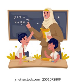 Personagens de desenhos animados de professor e alunos com atividades de aprendizagem, Aluno do ensino fundamental com aprendizagem de matemática em sala de aula, ilustração Vetor