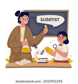 Cartoon characters of teacher and students studying chemistry, Scientist research activity, Vector illustration