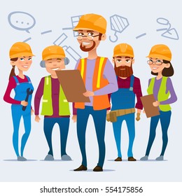 Cartoon characters. Team home builders, building project, vector illustration, construction workers team.