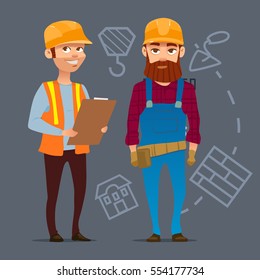 Cartoon characters. Team home builders, building project, vector illustration, construction workers team.