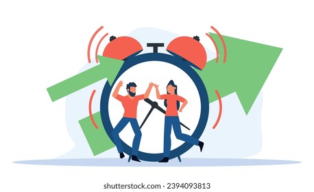 Cartoon characters teaming up to tackle a challenging project, showing the importance of teamwork in business management vector illustration. Person crossing off tasks and reaching towards a target