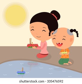 Cartoon characters Thai mother and son, Loy krathong festival