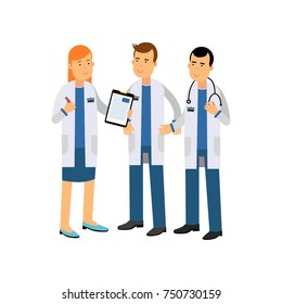 Cartoon characters of three doctors in white coats and equipment standing isolated on white