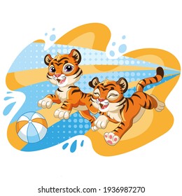 Cartoon characters tigers playing with ball. Vector isolated colorful illustration. For print and design, posters, nursery design, cards, stickers, room decor,party,t-shirt,kids apparel and invitation