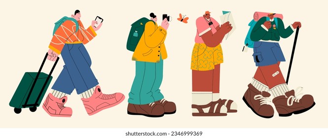 Cartoon characters of travelers and tourists. Excursion group with a map, backpack with guide. retro vacation with tent, tourism elements