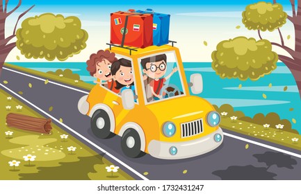 Cartoon Characters Travelling With Vehicle 