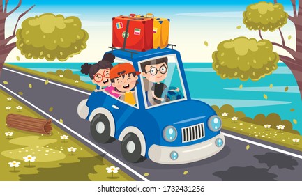 Cartoon Characters Travelling With Vehicle 