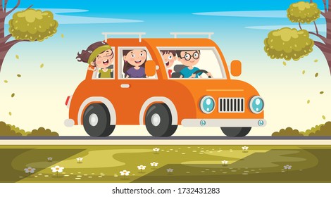 Cartoon Characters Travelling With Vehicle 