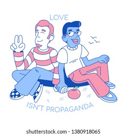 Cartoon characters trendy flat design modern illustration two love lgbt men hold hand together homosexuals friendship between cute smile happy gay  boys  love rights of minority sex. pride world wide.