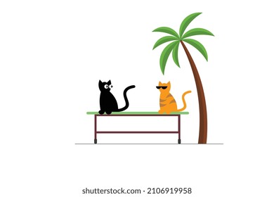 Zeichentrickfiguren von zwei Katzen, schwarz-gelb auf weißem Hintergrund unter einer Palme auf dem Tisch, moderner Stil, Vektorgröße.