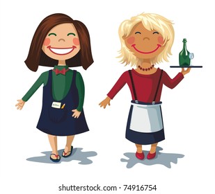 cartoon characters - two cute girls waitress. Funny cartoon and vector character. 
