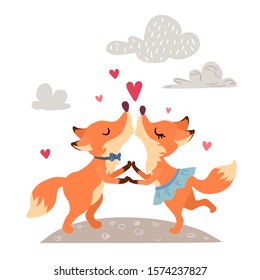 Cartoon characters two foxes boy and girl stand holding each other's hands. Romantic love vector clipart illustration. Two chanterelles standing kiss on a background of clouds and hearts. Valentine's 