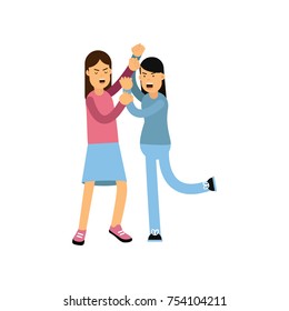 Cartoon characters of two mad women fighting and screaming at each other. Loud public scandal. Aggressive behavior and negative emotions. Flat vector illustration isolated on white background.