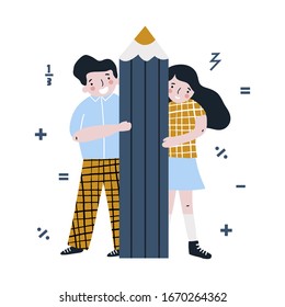 Personajes de caricatura. Dos estudiantes sostienen un gran lápiz. Ilustración vectorial sobre fondo rosa en estilo de caricatura